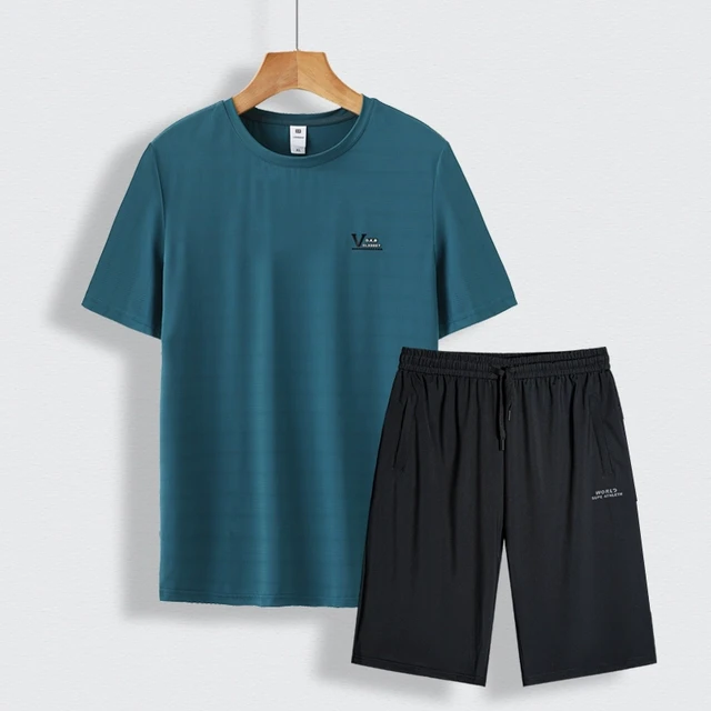 中老年男士冰丝T恤短裤两件套爸爸夏季速干运动休闲短袖圆领夏装