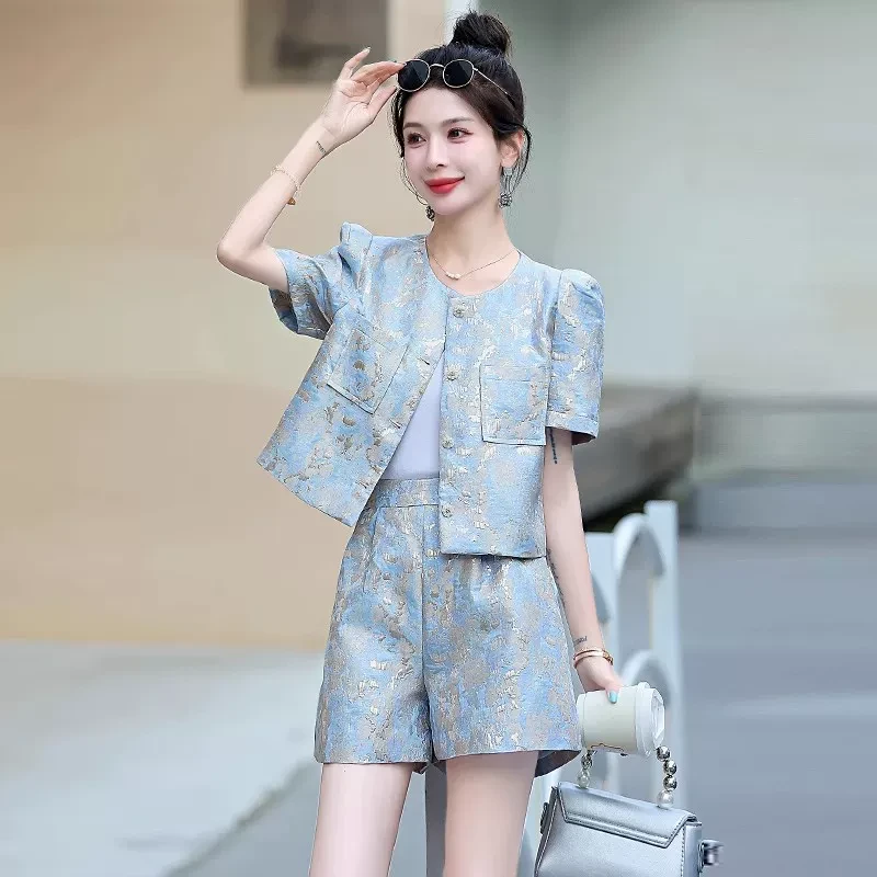 短裤套装女2025夏新款小个子高级感小香风减龄漂亮洋气提花两件套