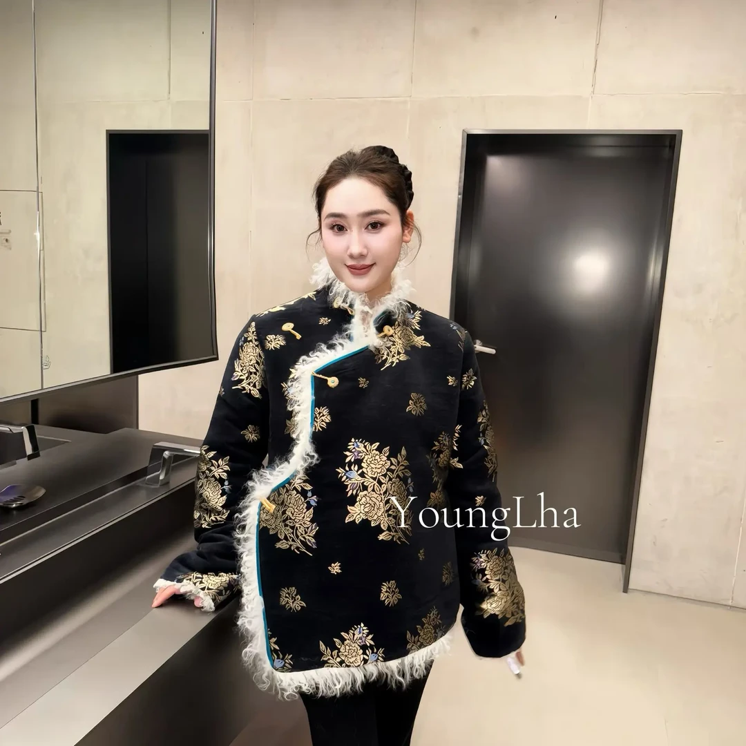 Bola 藏装外套加绒加厚保暖冬季民族风V领藏式百搭上衣棉衣