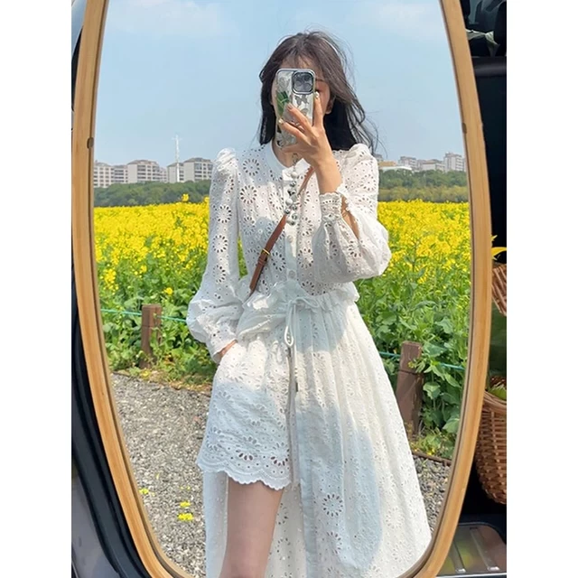 夏装搭配一整套夏天穿搭夏季女装盐系轻熟镂空蕾丝连衣裙两件套装