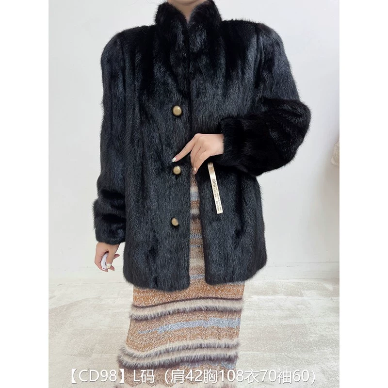 【CD98】L码 红黑色全抽短款貂皮大衣皮草外套 翻立领泡泡袖