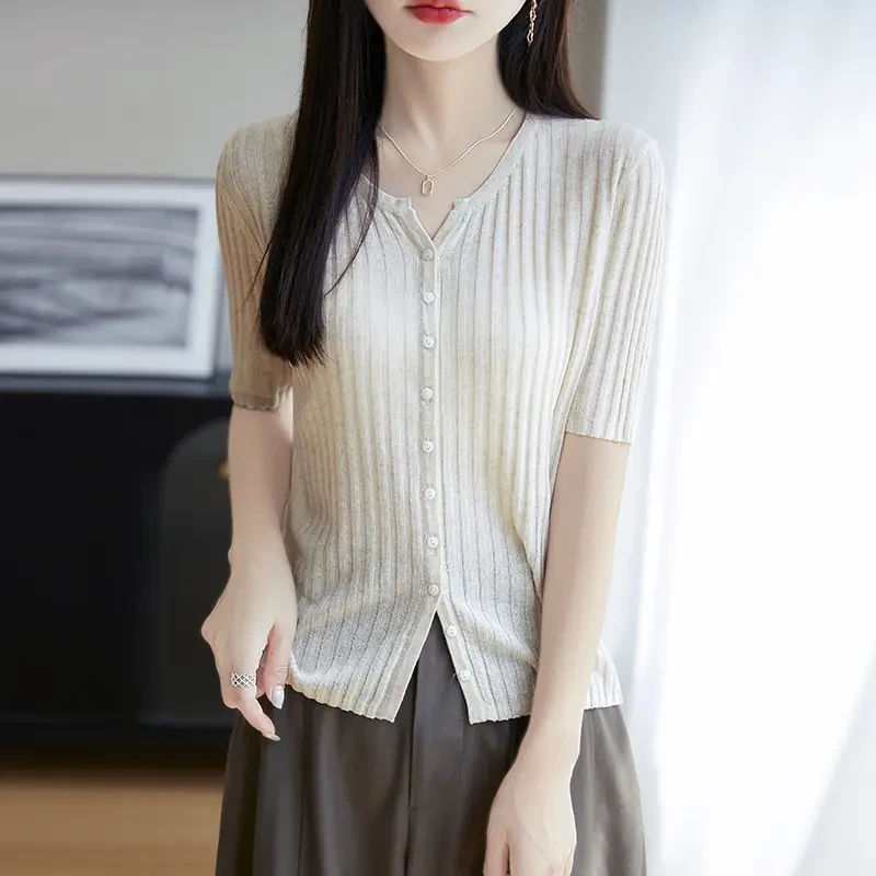 天丝亚麻开衫清爽薄款透气短袖针织坑条开衫女外搭夏季新款上衣