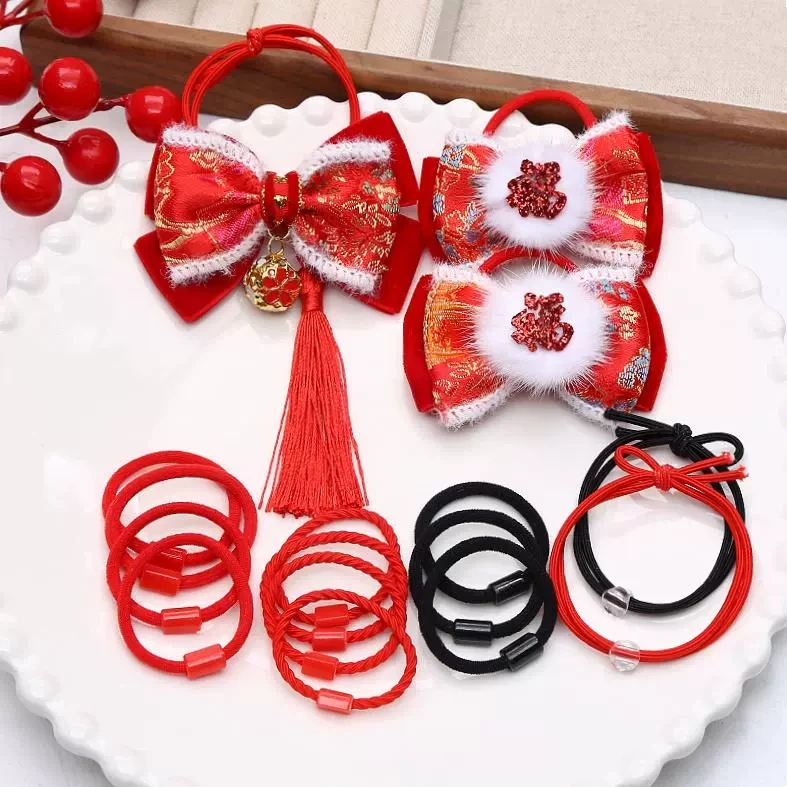 儿童新年头饰材料红色头绳蝴蝶结发圈带粘扣皮筋手工diy发夹辅料