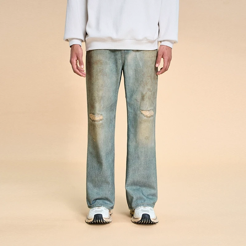 BONELESS 做旧图案印花休闲牛仔裤纯棉设计感宽松阔腿裤街头