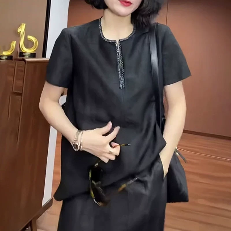 黑色高级感气质短袖t恤女2025夏季新款宽松显瘦时尚减龄体恤上衣