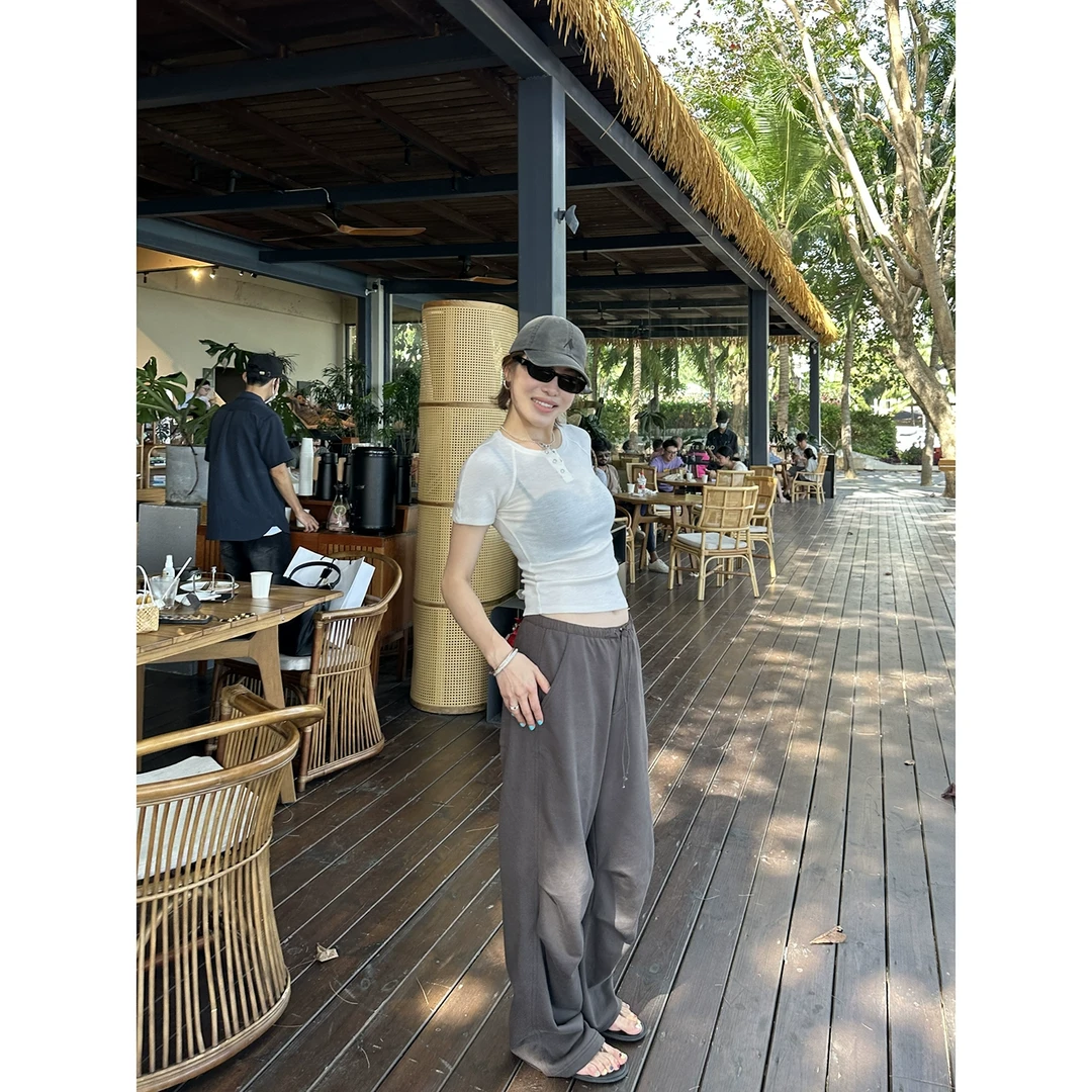 YANGLE_2025春季新款卫裤女松紧腰褶皱降落伞宽松松弛感休闲长裤