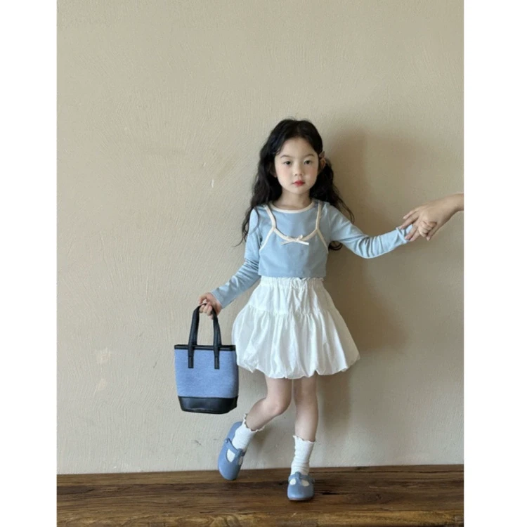 童装2025春装女童假两件长袖T恤女宝宝蝴蝶结百搭打底衫