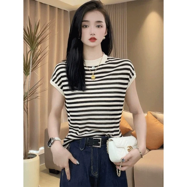 薄款冰丝针织衫针织短袖女2025新款爆款夏季条纹坎肩小飞袖上衣女