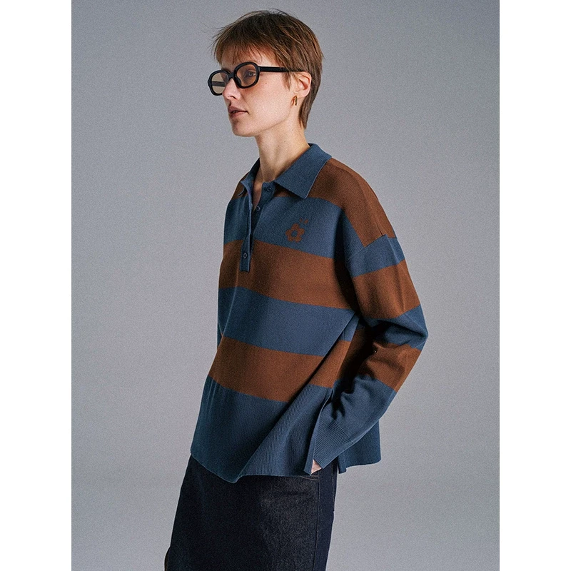 FLOWERSAYS：碧竹子 理想 全棉针织条纹miu*系POLO领长袖T恤