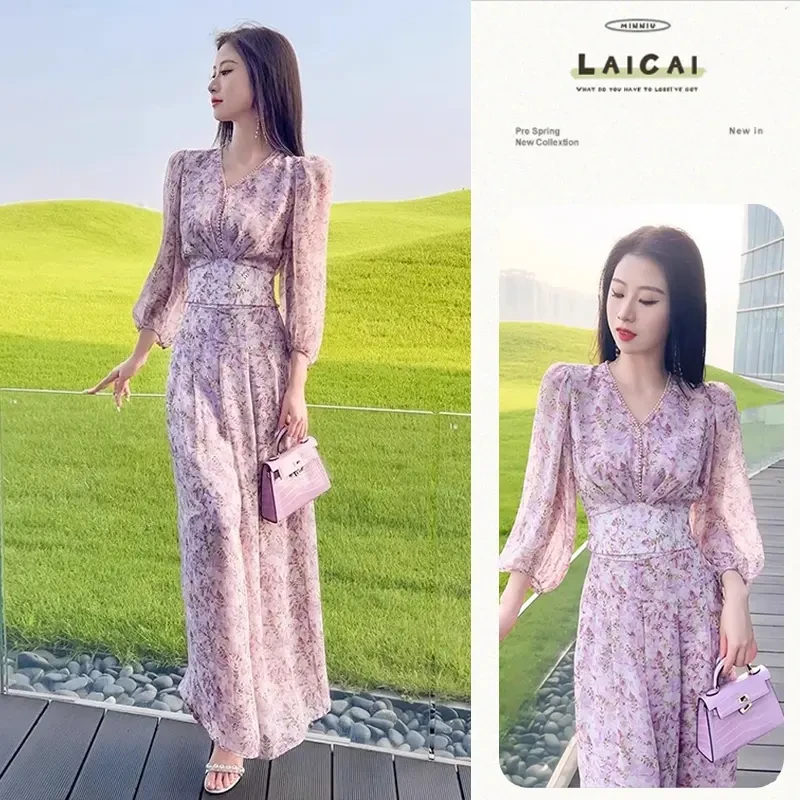 2025夏季御姐风雪纺小衫套装高级法式碎花上衣高腰阔腿裤两件套女