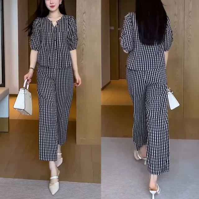 2025年夏季新款气质遮肚子显瘦条纹短袖上衣阔腿裤休闲两件套装女