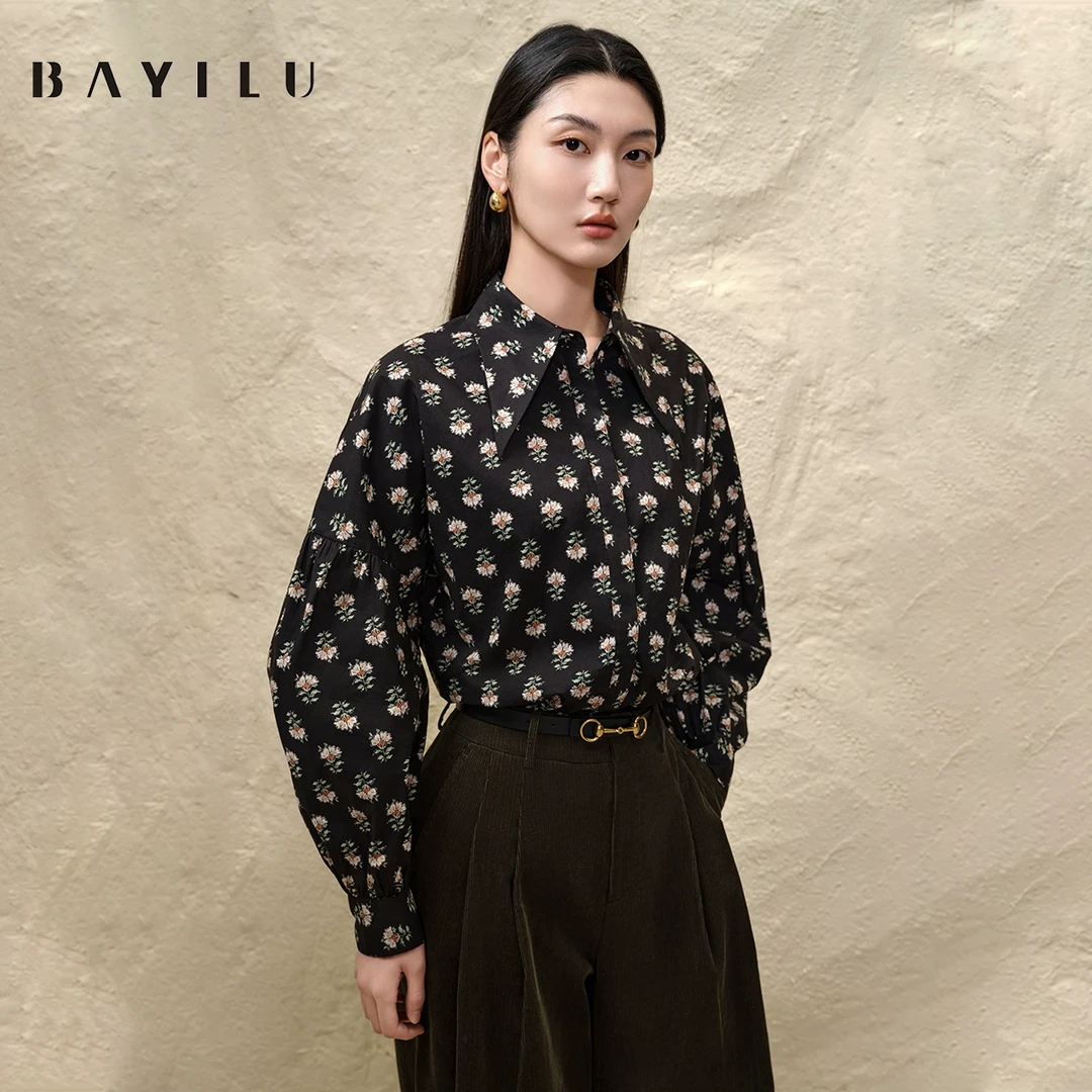 芭依璐2025春季长袖衬衫女复古印花宽松91C0017