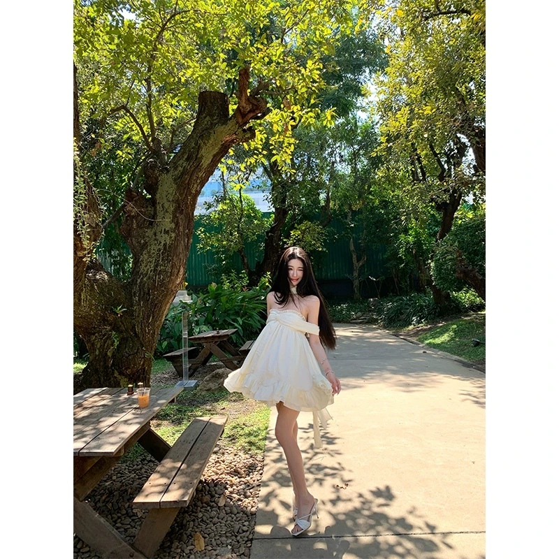 Bard Chill法式度假风气质名媛挂脖飘带抹胸蓬蓬A摆裙