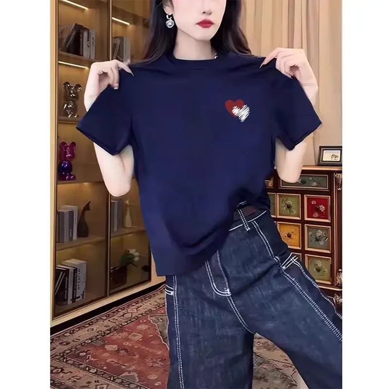 正肩圆领短袖t恤女装2025新款时尚百搭洋气藏青色薄款上衣夏季潮