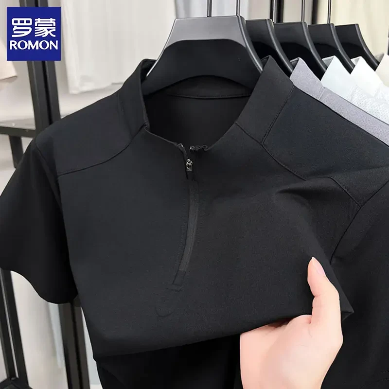 罗蒙2025夏季新款T恤男士潮流运动短袖T恤拉链立领半袖上衣男速干