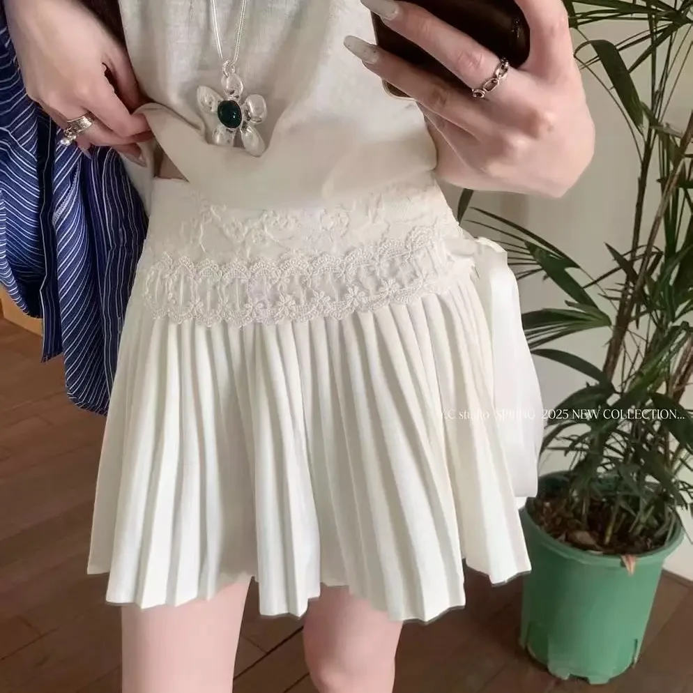 纯欲风蕾丝拼接系带百褶裙高腰设计感甜美短裙子