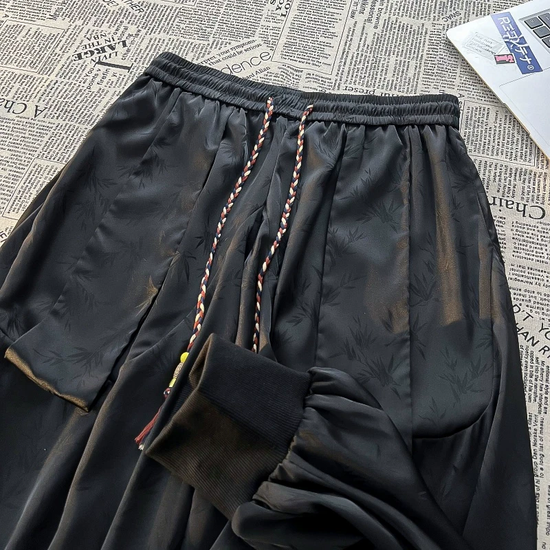 暗黑系痞帅冰丝束脚飞鼠裤男设计感小众新中式国风提花宽松运动裤