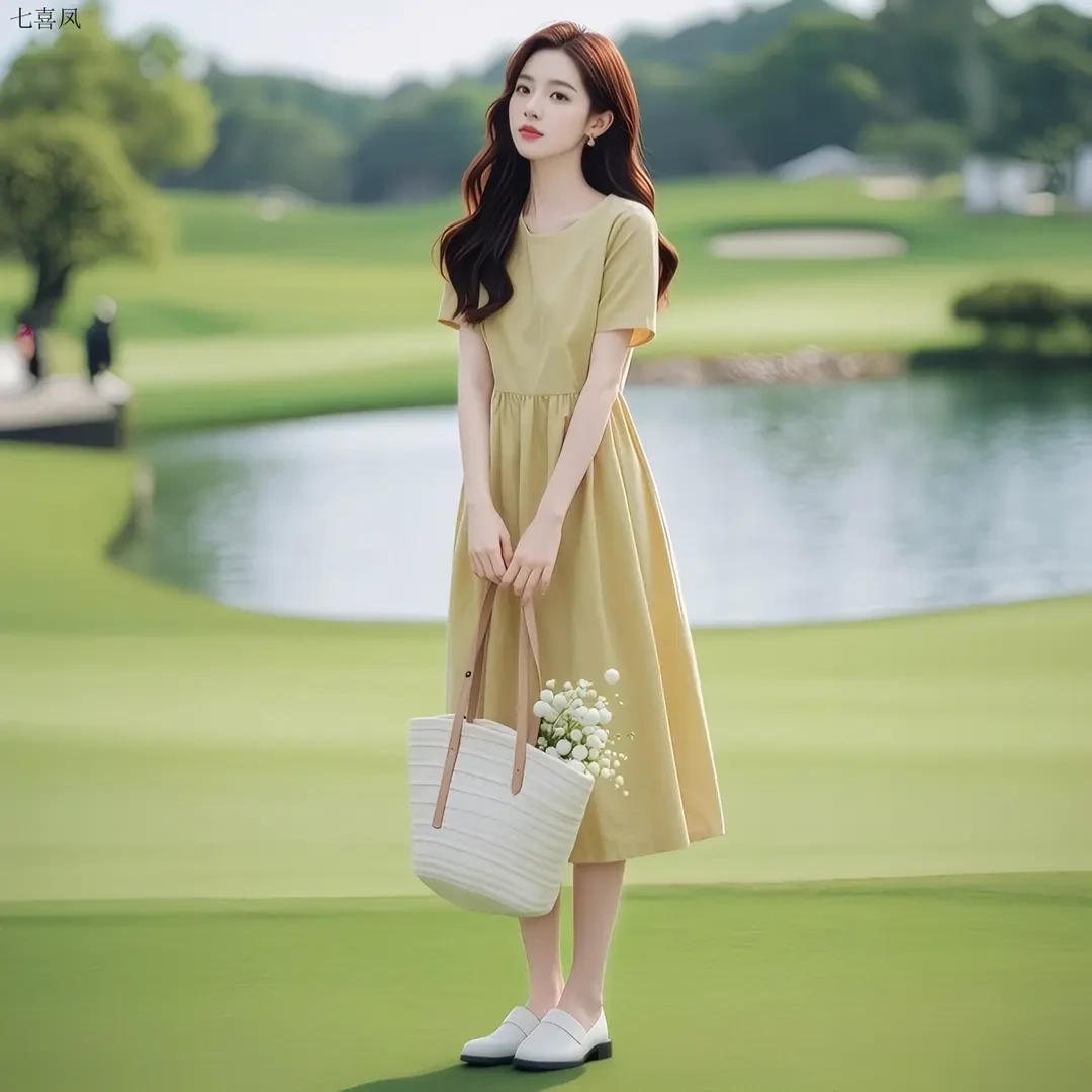 哥弟阿玛施正新款简约高级感夏季短袖显瘦通勤纯色连衣裙高腰收腰