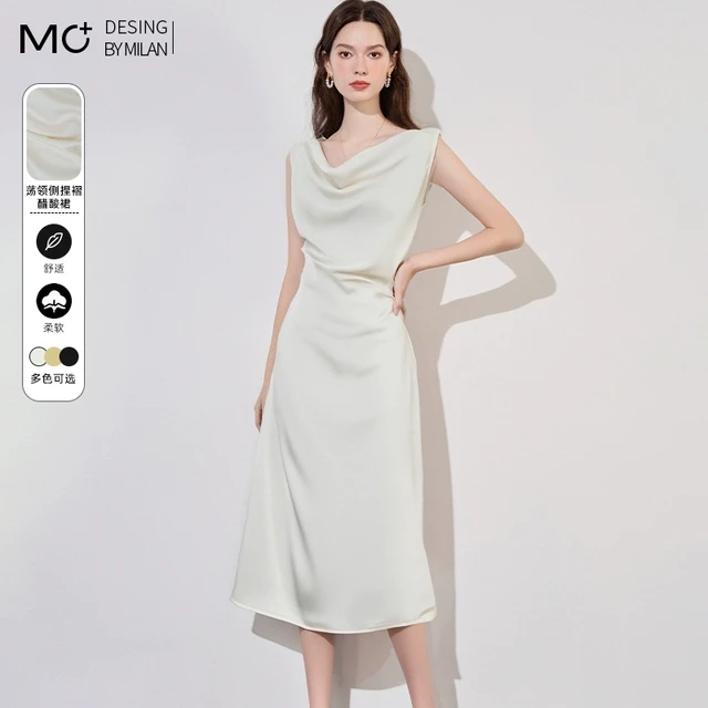 2025夏季新款法式荡领气质无袖修身收腰醋酸垂坠感中长款连衣裙女