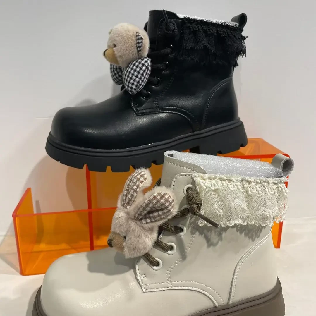 女童韩版女卡通蕾丝皮靴棉靴时尚秋季秋冬