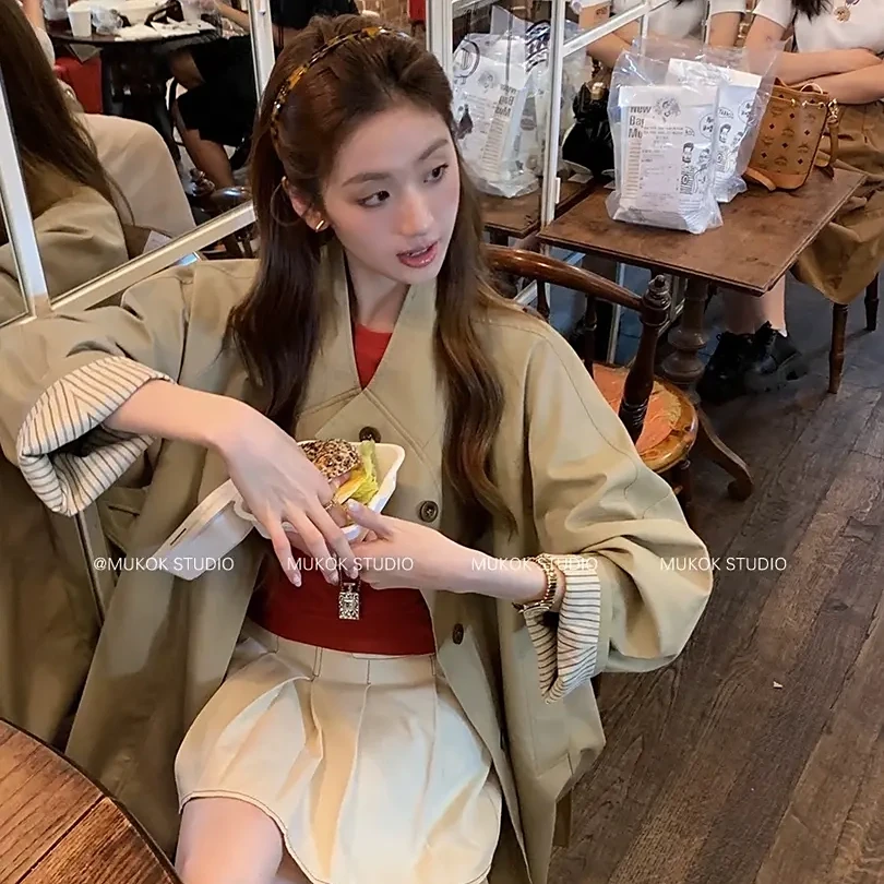 纯色长款长袖风衣中长款秋季春季极简风时尚显瘦韩系风格腰带款