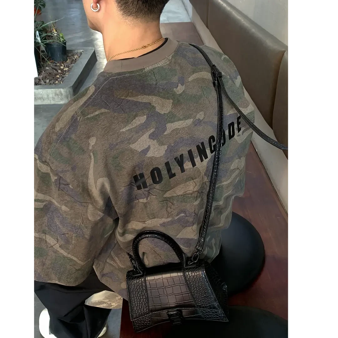 纯棉重磅美式做旧水洗迷彩字母短袖百搭工装机能风夏宽松圆领T恤