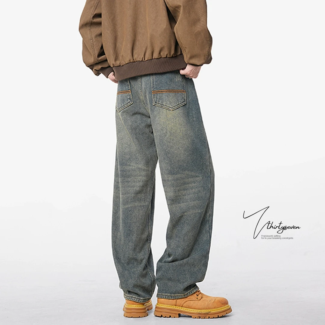 V37 美式加绒牛仔裤男款秋冬季新款高街痞帅宽松直筒做旧复古裤子