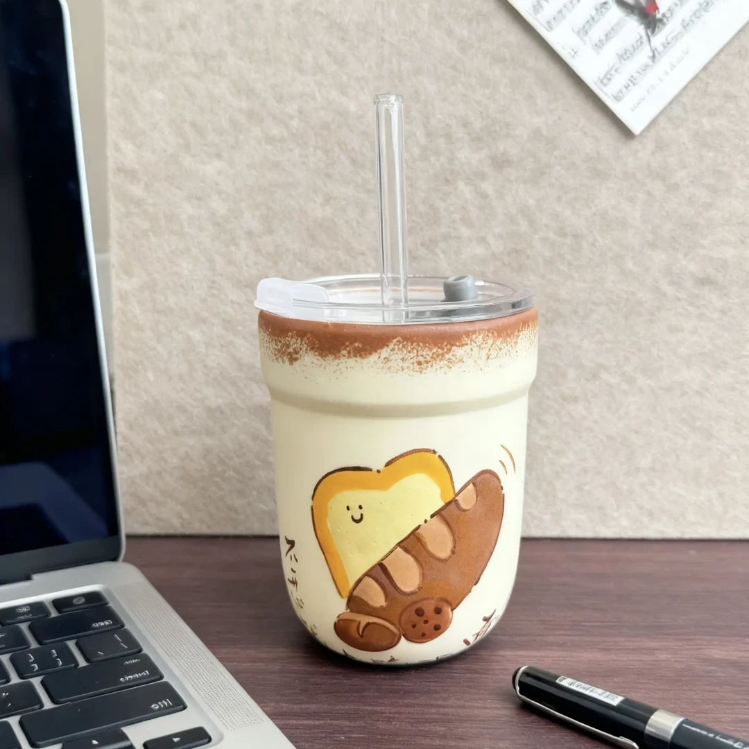 新款手绘面包系列玉泥随行杯网红可爱简约