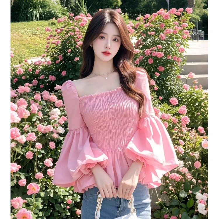 粉色抽褶灯笼袖独特衬衫女春季2025新款方领法式漂亮别致好看上衣