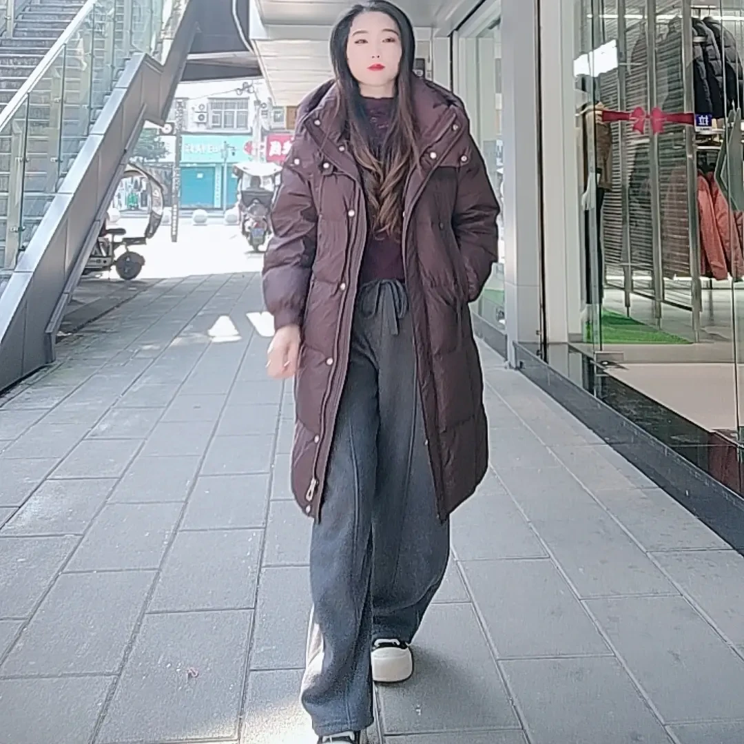 冬新款时尚休闲宽松显瘦百搭连帽中长款90白鸭绒外套女潮