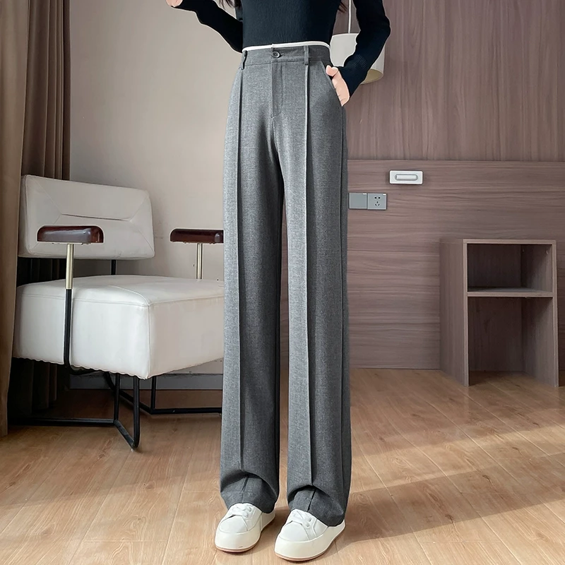 中线直筒西装裤女春秋2025新款休闲西裤垂坠感拖地高腰窄版阔腿裤