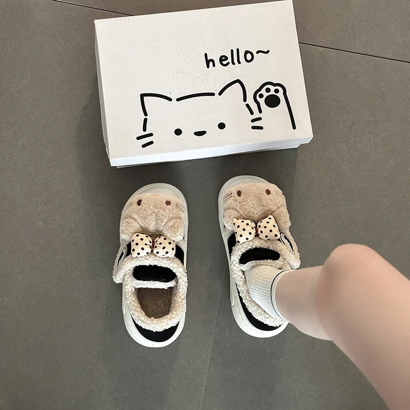 卡通可爱大头猫图案冬季纯色卡通秋冬棉鞋潮流风休闲风韩版女外穿