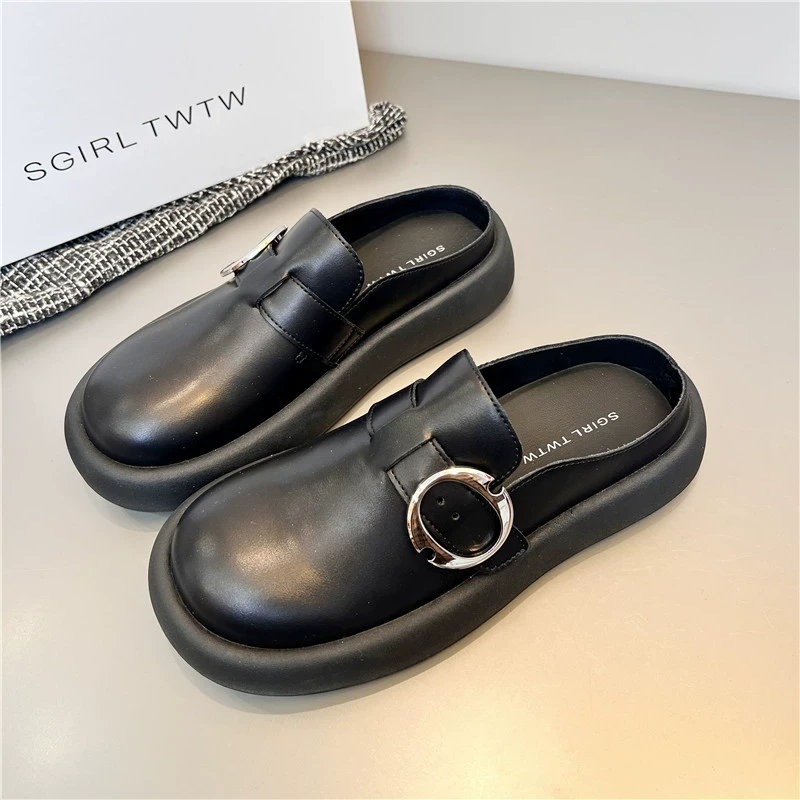 SGIRL TWTW推荐2025春季新款真皮包头半拖鞋女外穿厚底懒人勃肯鞋