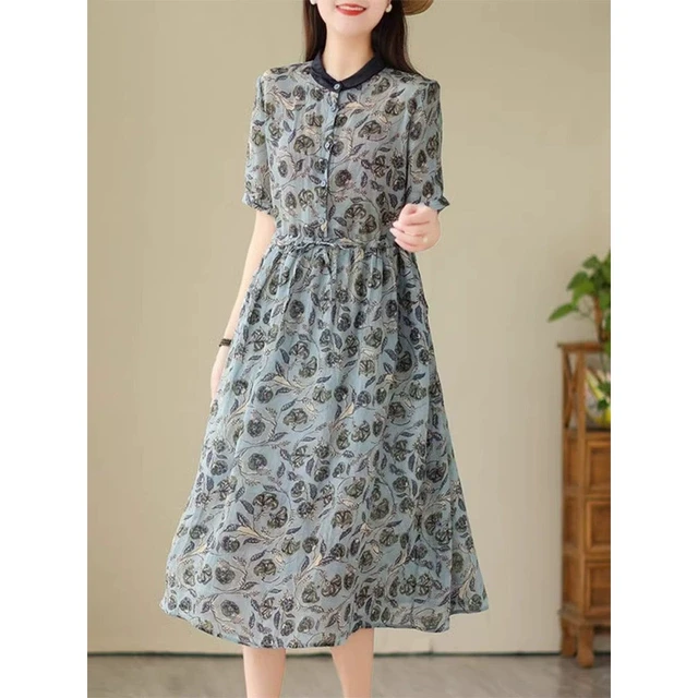 棉绸连衣裙女2025夏季新款妈妈夏装气质洋气高端亚麻棉麻短袖裙子