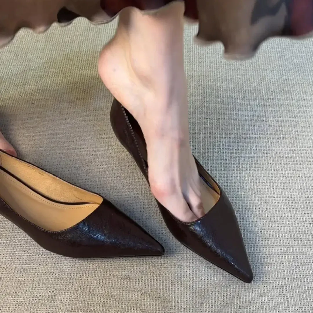 羊皮版~法式浅口高跟玛丽珍女鞋尖头气质棕色职业百搭小猫跟单鞋