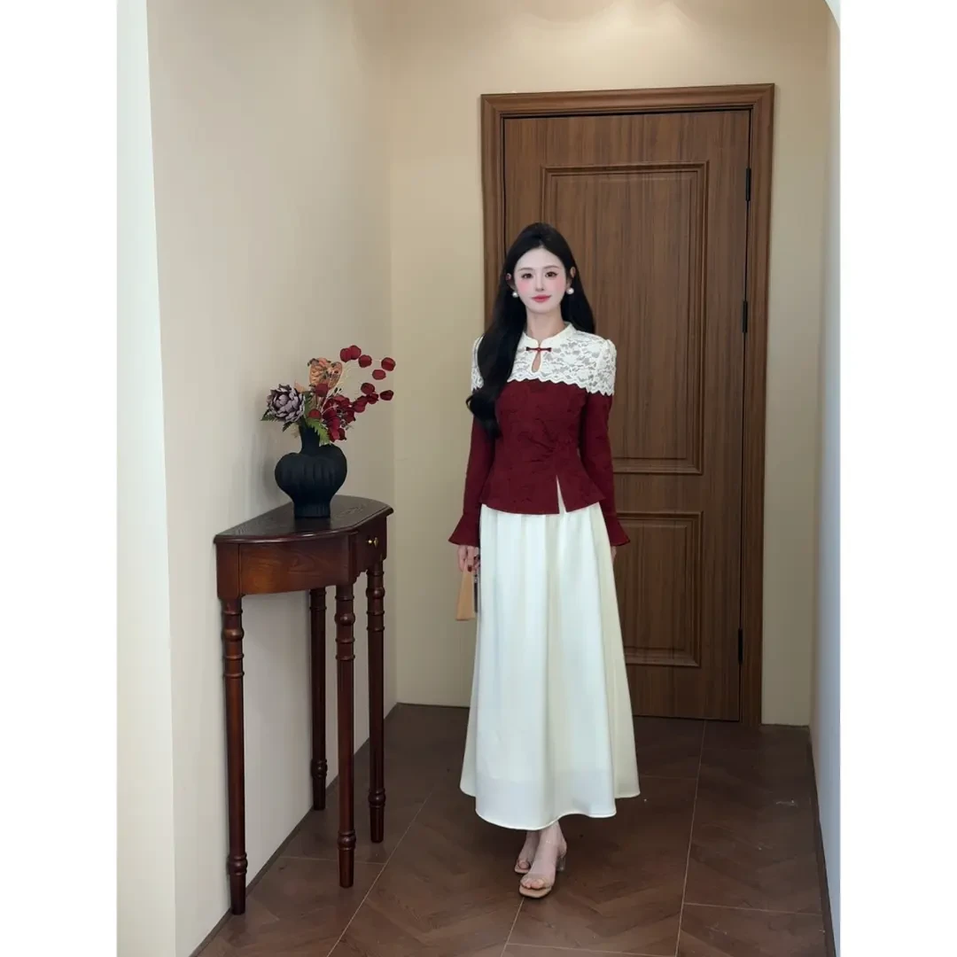 秋上新【一城风絮】女新中式蕾丝拼接提花上衣高级感气质百搭半身裙