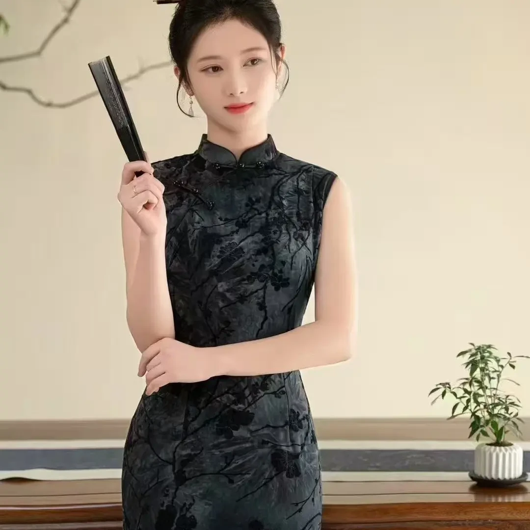 无袖复古风旗袍低领新中式中长款复古旗袍