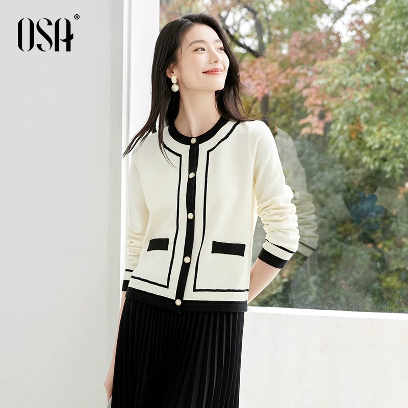 OSA/欧莎 25年新款女装小香风白色针织开衫毛衣外套S125A16037