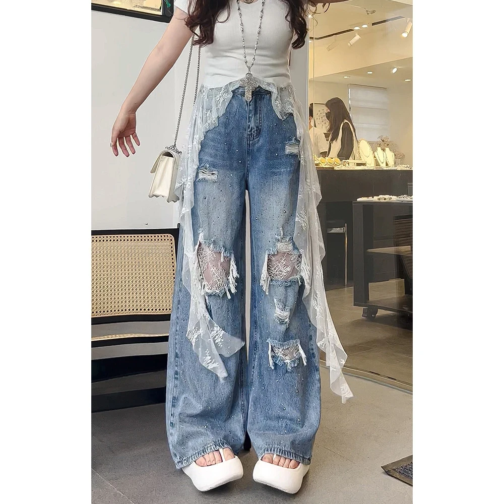 破洞烫钻阔腿牛仔裤女夏季天丝薄款2025年新款潮流直筒裤子女