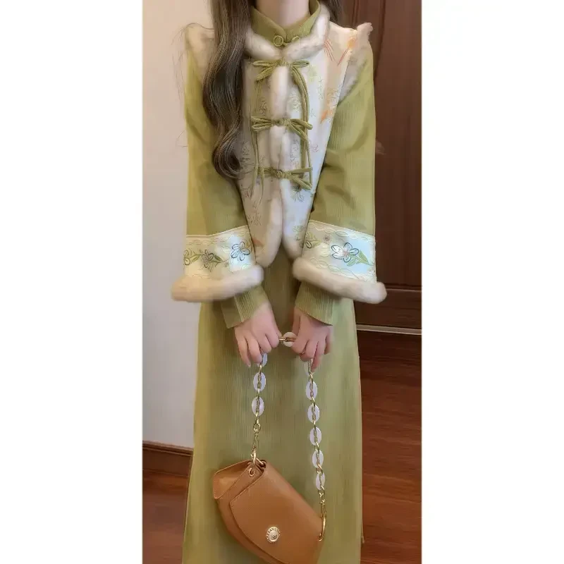 新中式国风复古绿色加绒旗袍连衣裙搭配毛毛拼接马甲秋冬款套装