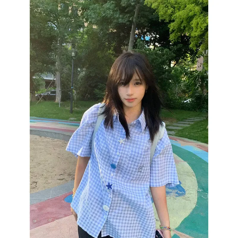 美式街头趣味纽扣短袖衬衫男女夏季多巴胺格子衬衣休闲情侣外套潮