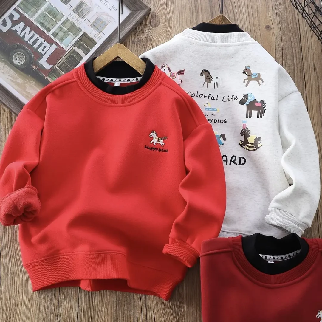 儿童拜年服冬季加绒假两件卫衣男童女童新年上衣