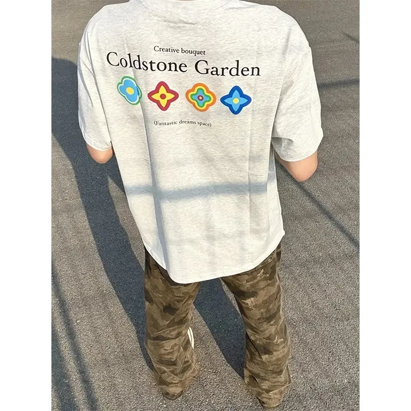 美式休闲印花花瓣短袖男款夏季休闲纯棉小领口情侣T恤美式半截袖