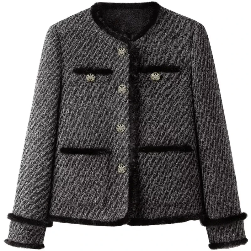 新款水貂毛花边重工灰色羽绒服小香风外套