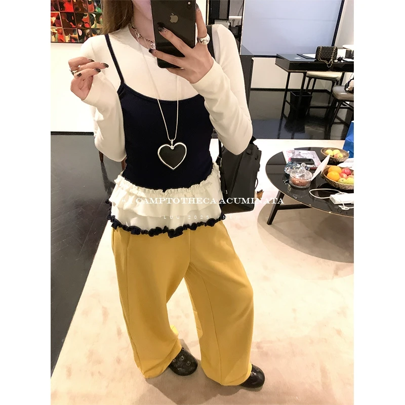 LUU桃喜儿/芭蕾重工拼接荷叶边针织衫女春秋假两件设计感小众上衣