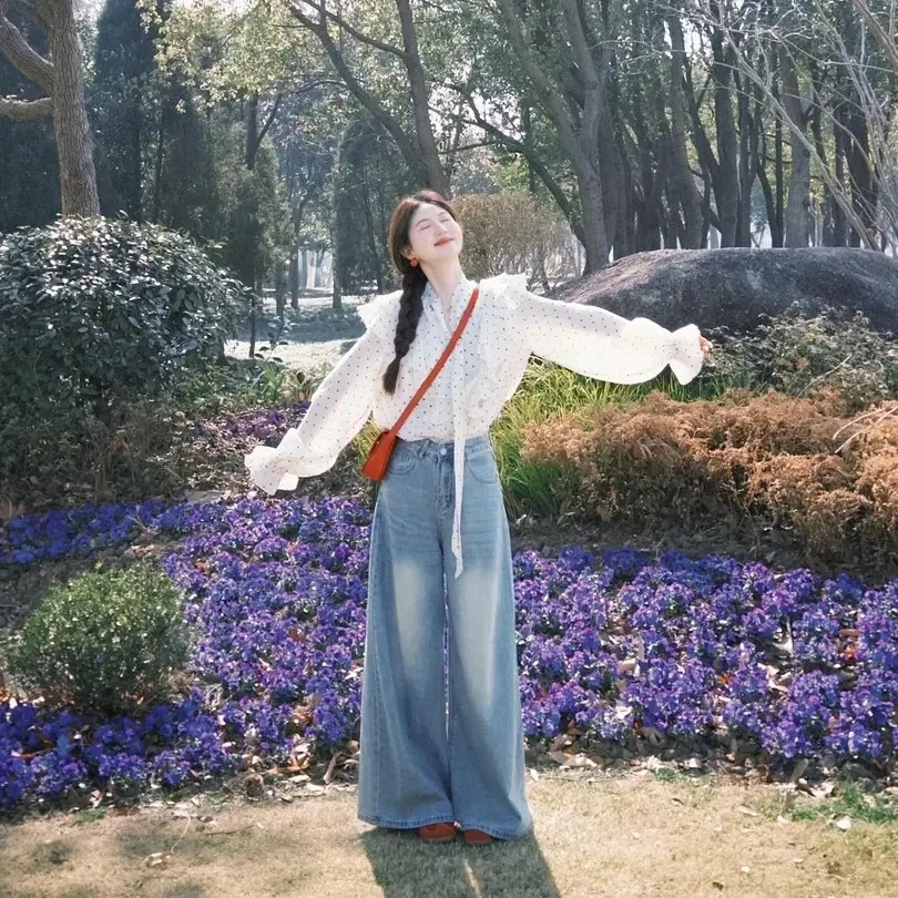 2025春夏新款法式温柔波点荷叶边长袖衬衫上衣牛仔阔腿裤两件套潮