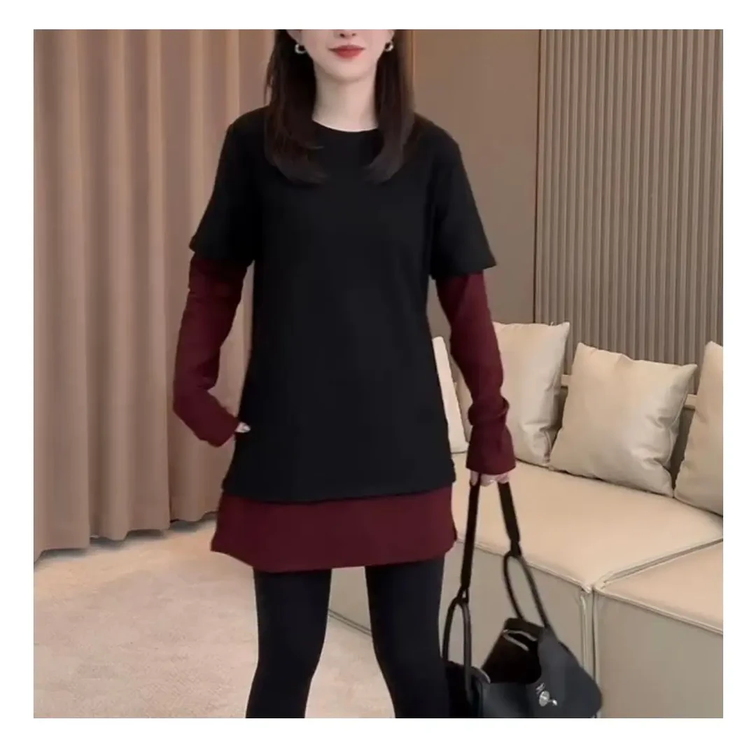 拼色抗起球中长款拼接假两件时尚长袖T恤2025爆款洋气显瘦棉质T恤