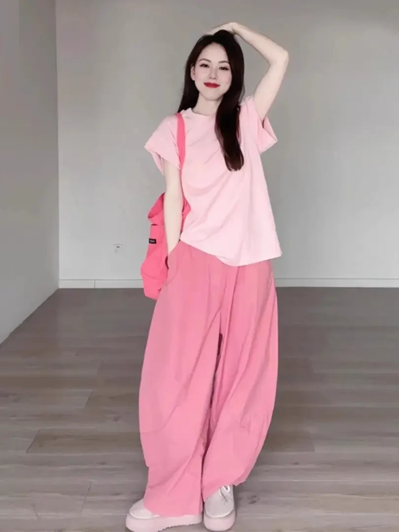 夏日多巴胺一整套T恤阔腿裤两件套慵懒风俏皮活泼减龄套装小个子