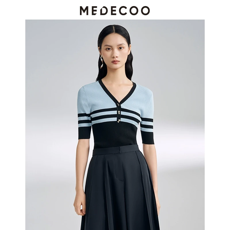 MEDECOO/墨蒂珂修身V领条纹短袖套头针织衫MIC40316