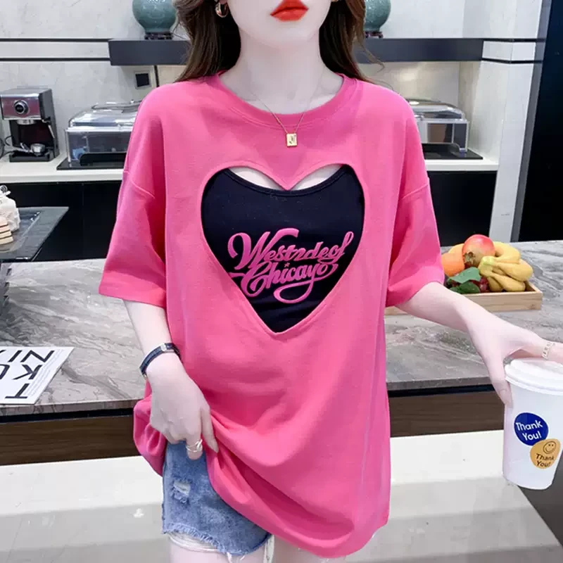 镂空爱心短袖恤女夏季新款内搭字母印花两件套吊带背心宽松上衣